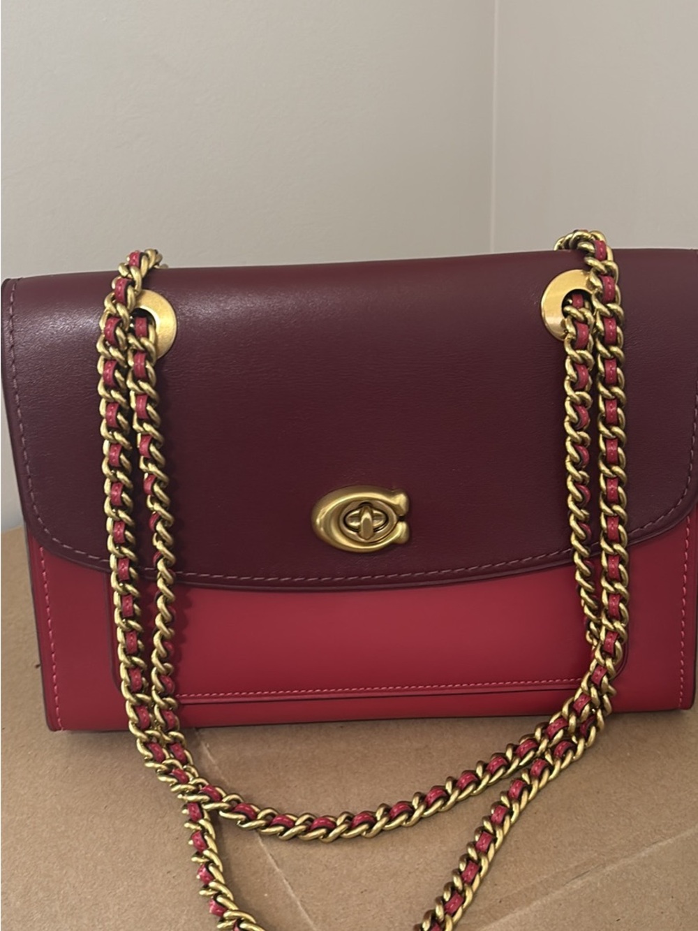 Coach Parker Leather Two-Tone Red Shoulder Bag with Gold Chain